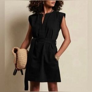 Banana Republic Split Neck Belted Mini Dress Black Denim Cotton NWT SIZE MEDIUM